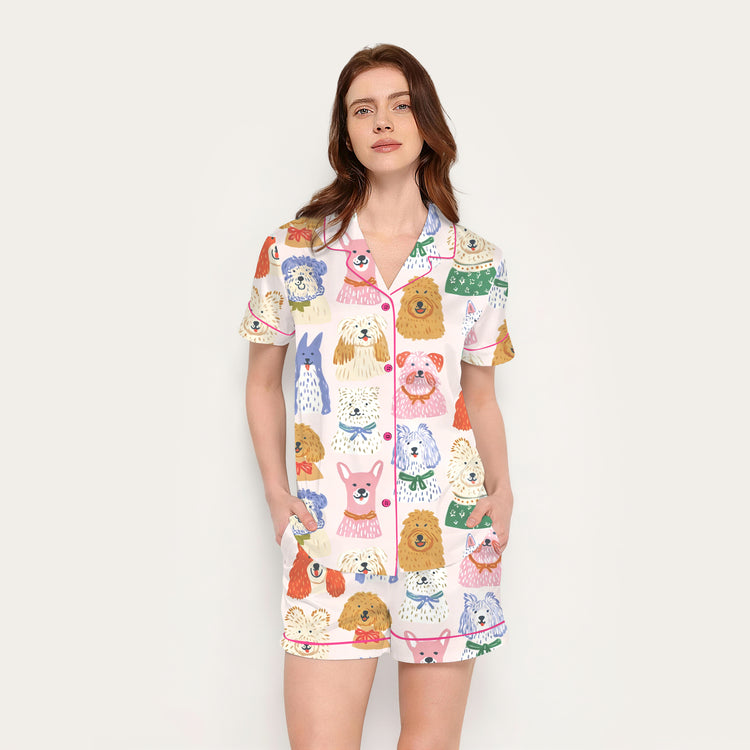 
                    
                      Women's Cute Dog Pastel Puppy Portrait Print Short Sleeve Silky Satin Pajama Set alternate view
                    
                  