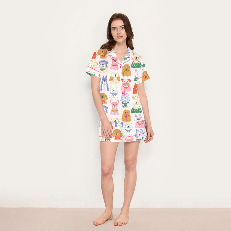 Women's Cute Dog Pastel Puppy Portrait Print Short Sleeve Silky Satin Pajama Set front view