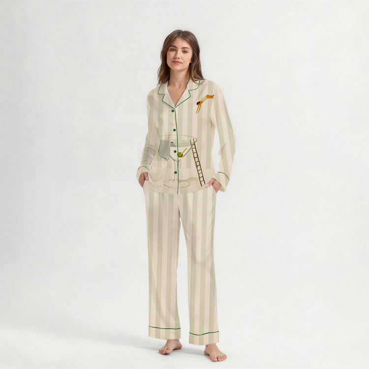 
                    
                      Women’s Watercolor Cocktail Glass Stripe Long Sleeve Silky Satin Pajama Set alternate view
                    
                  