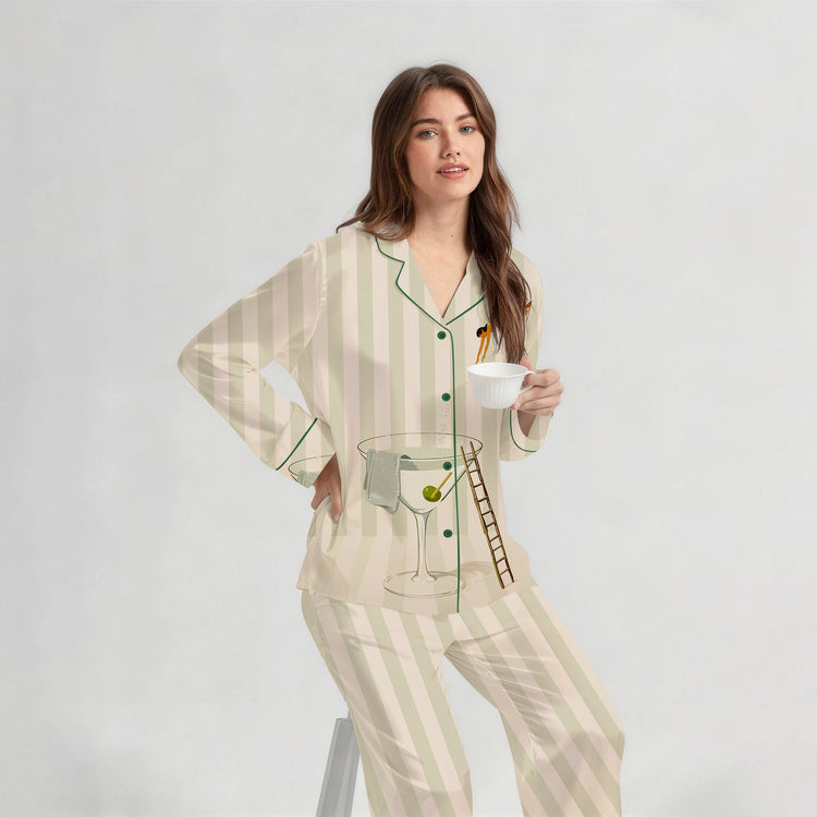 Women’s Watercolor Cocktail Glass Stripe Long Sleeve Silky Satin Pajama Set front view
