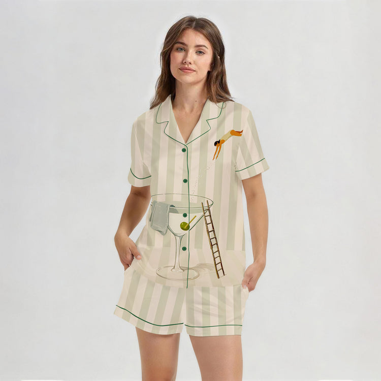 Women’s Watercolor Cocktail Glass Stripe Short Sleeve Silky Satin Pajama Set front view