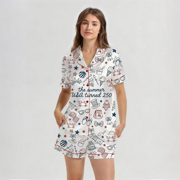 Women's 4th Of July The Summer USA Turned 250 Years Short Sleeve Silky Satin Pajama Set front view