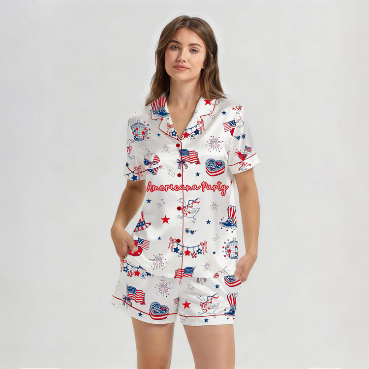 Women's Americana 4th Of July Patriotic Bachelorette Party Short Sleeve Silky Satin Pajama Set front view