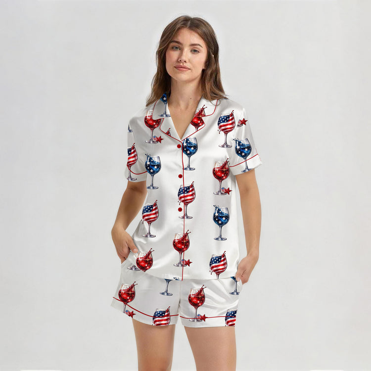 Women's Red Wine & Blue 4th Of July Independence Day Short Sleeve Silky Satin Pajama Set front view