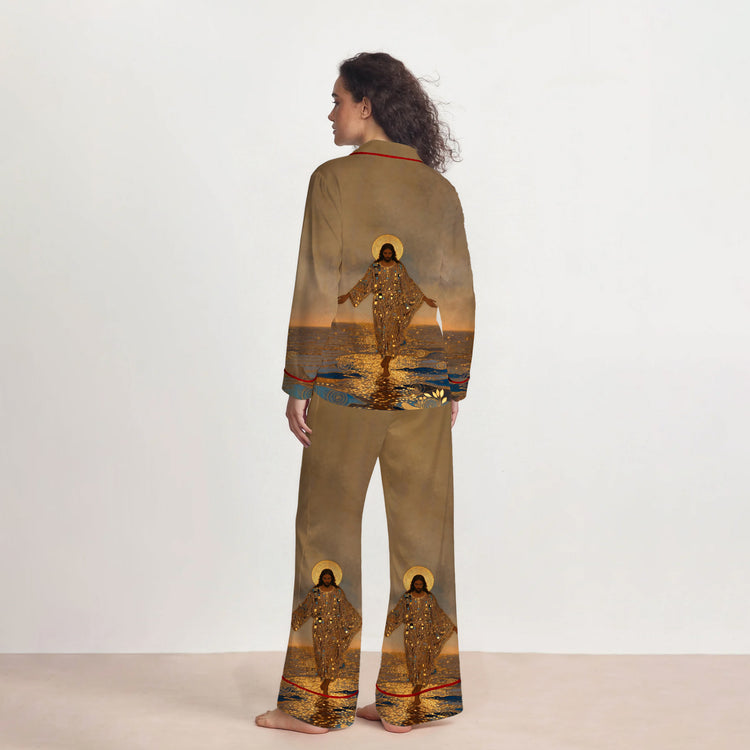 
                    
                      Women's Jesus Walking On Water Golden Halo Christian Long Sleeve Silky Satin Pajama Set alternate view
                    
                  