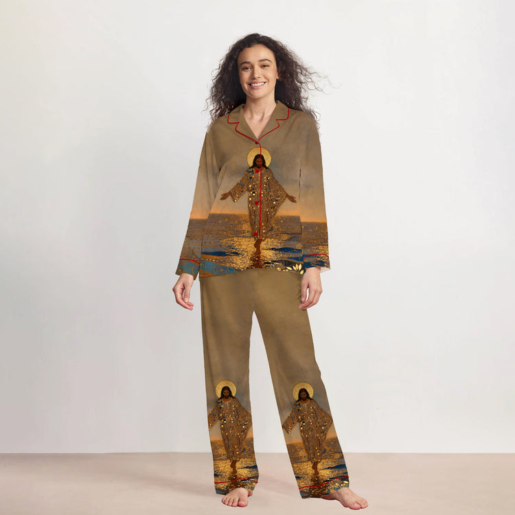 Women's Jesus Walking On Water Golden Halo Christian Long Sleeve Silky Satin Pajama Set front view