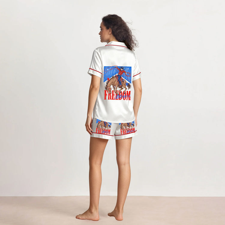 
                    
                      Women's Freedom 250 Years USA Cowboy 4th Of July Short Sleeve Silky Satin Pajama Set alternate view
                    
                  