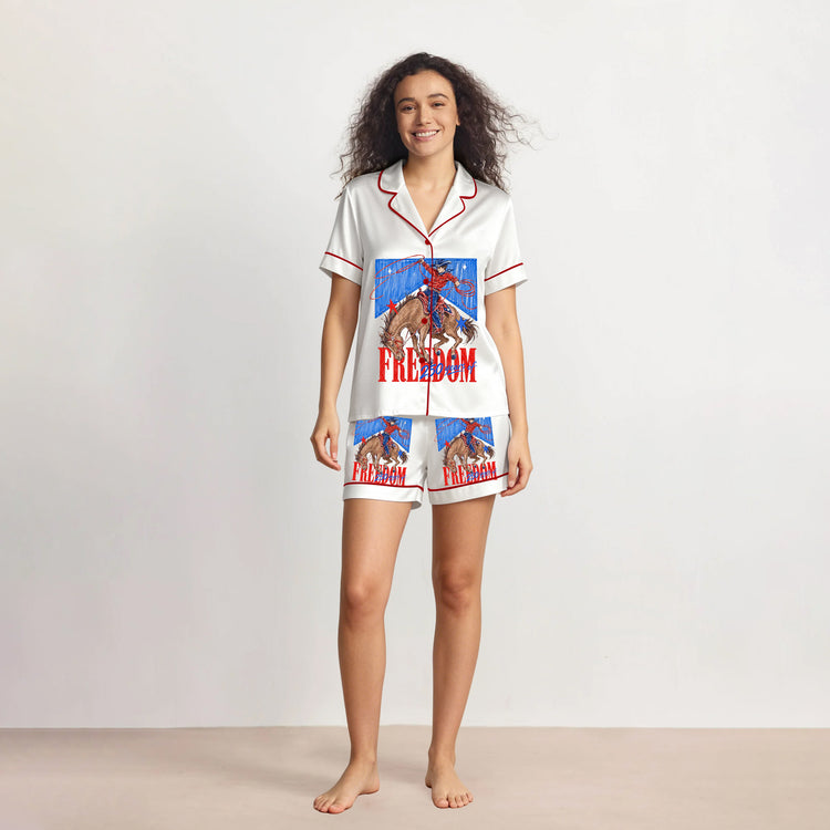 Women's Freedom 250 Years USA Cowboy 4th Of July Short Sleeve Silky Satin Pajama Set front view