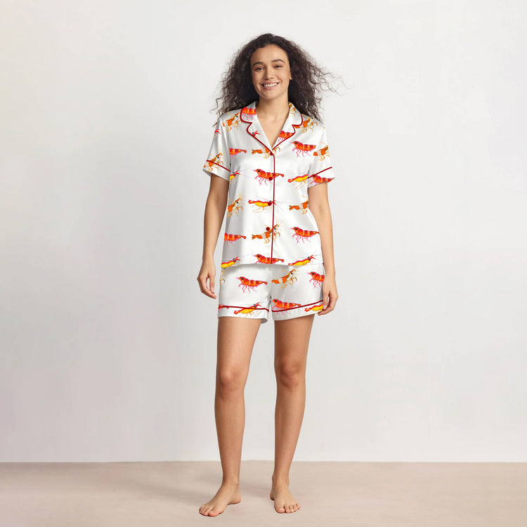 Women's Watercolor Playful Crayfish Cutie Shrimps Short Sleeve Silky Satin Pajama Set front view