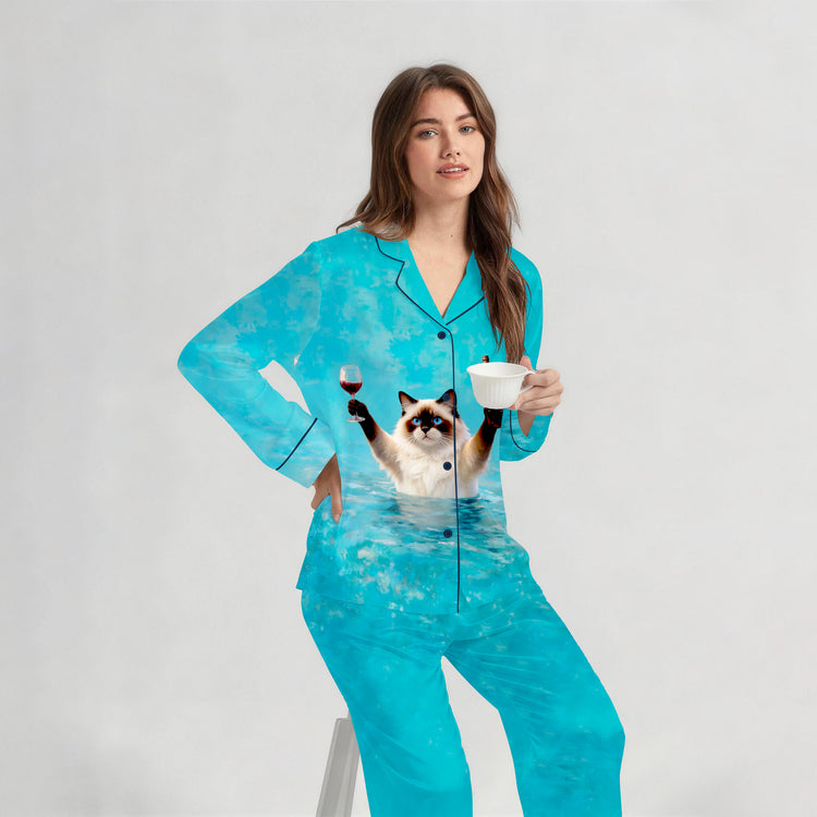 
                    
                      Women's Cat With Wine And Beer Ocean Long Sleeve Silky Satin Pajama Set back view
                    
                  