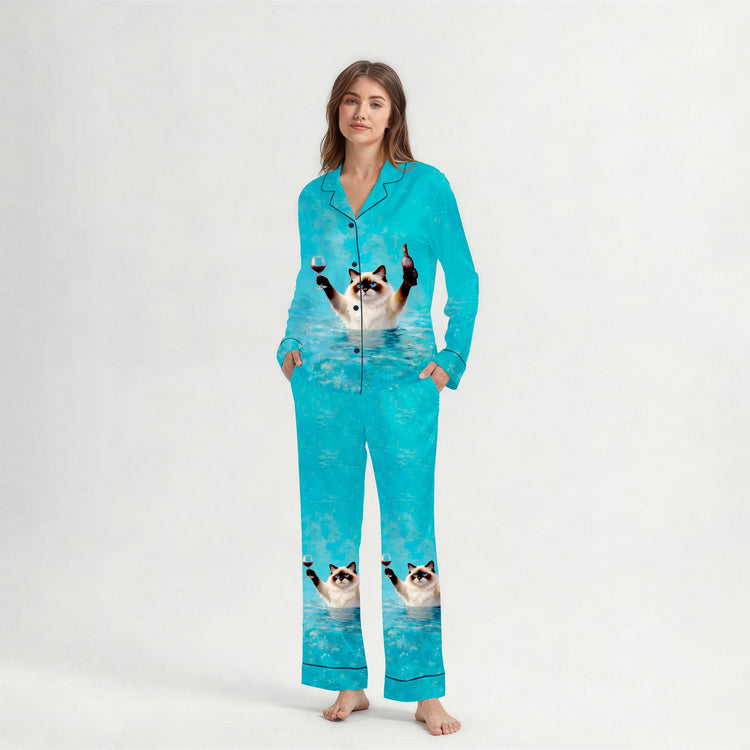Women's Cat With Wine And Beer Ocean Long Sleeve Silky Satin Pajama Set front view