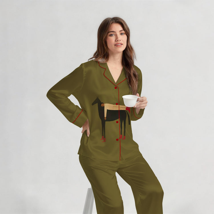 
                    
                      Women's Black Horse Rider Long Sleeve Silky Satin Pajama Set back view
                    
                  