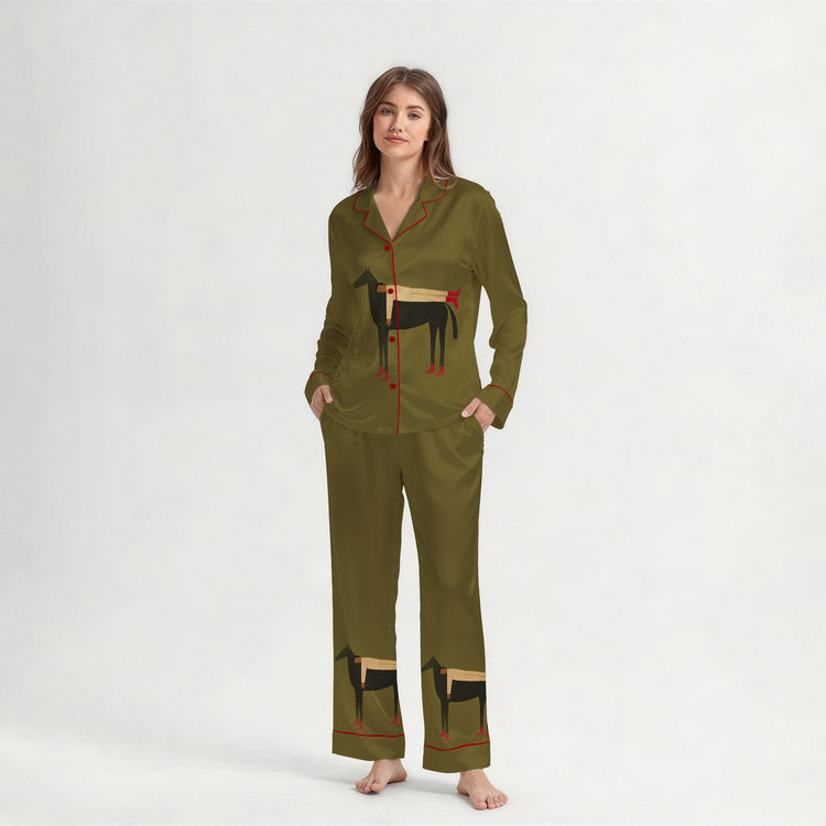 Women's Black Horse Rider Long Sleeve Silky Satin Pajama Set front view
