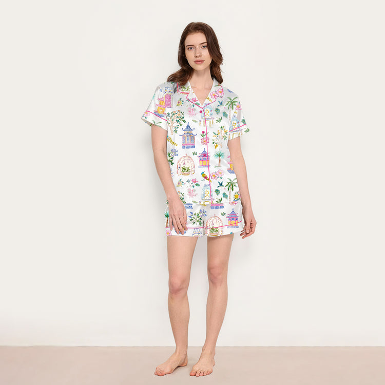 
                    
                      Women's Watercolor Chinoiserie Garden Pagoda Short Sleeve Silky Satin Pajama Set back view
                    
                  