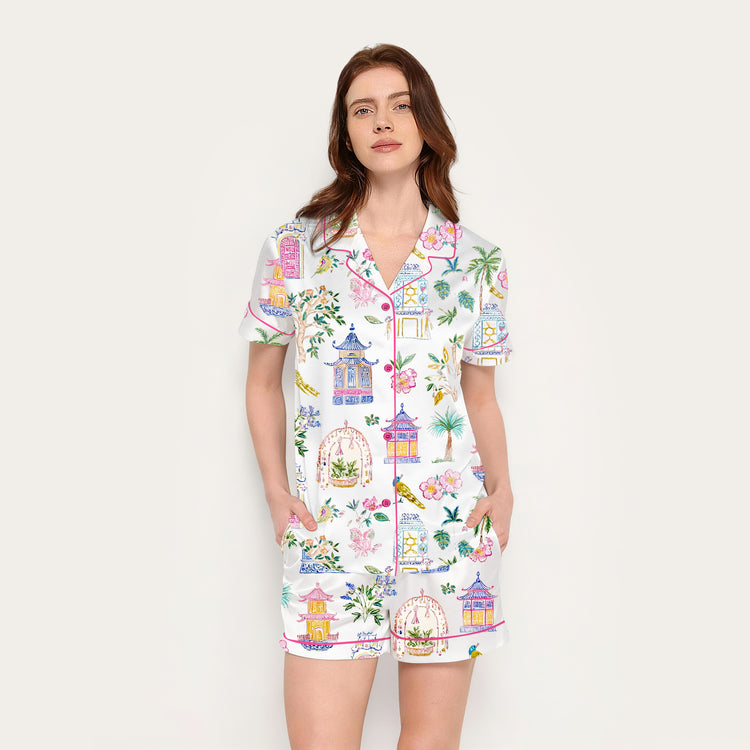 Women's Watercolor Chinoiserie Garden Pagoda Short Sleeve Silky Satin Pajama Set front view