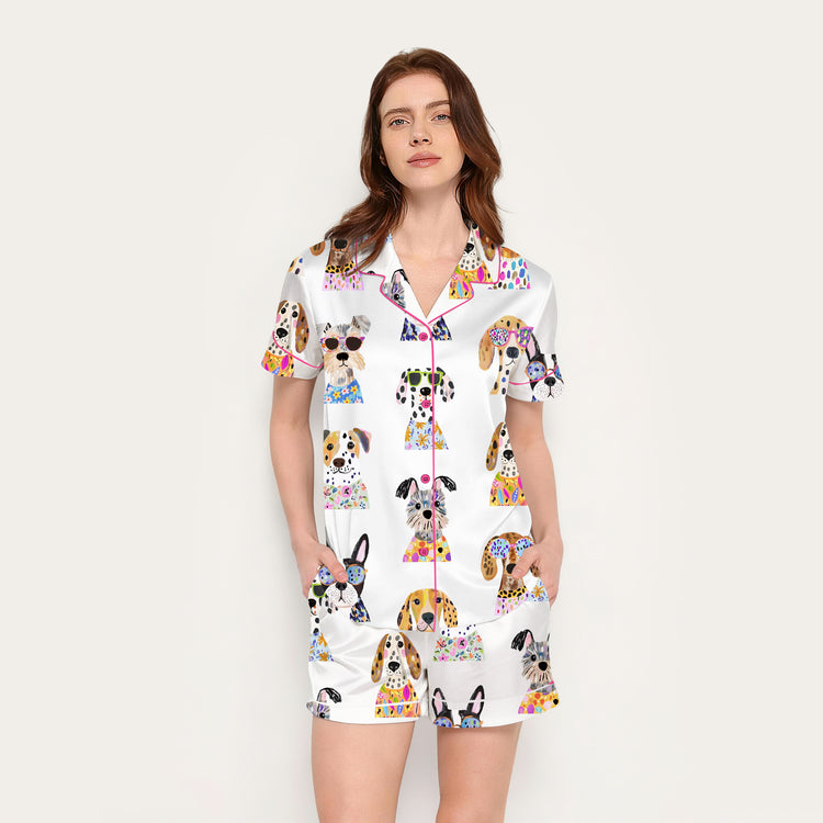 Women's Colorful Dog Portrait Print Short Sleeve Silky Satin Pajama Set front view