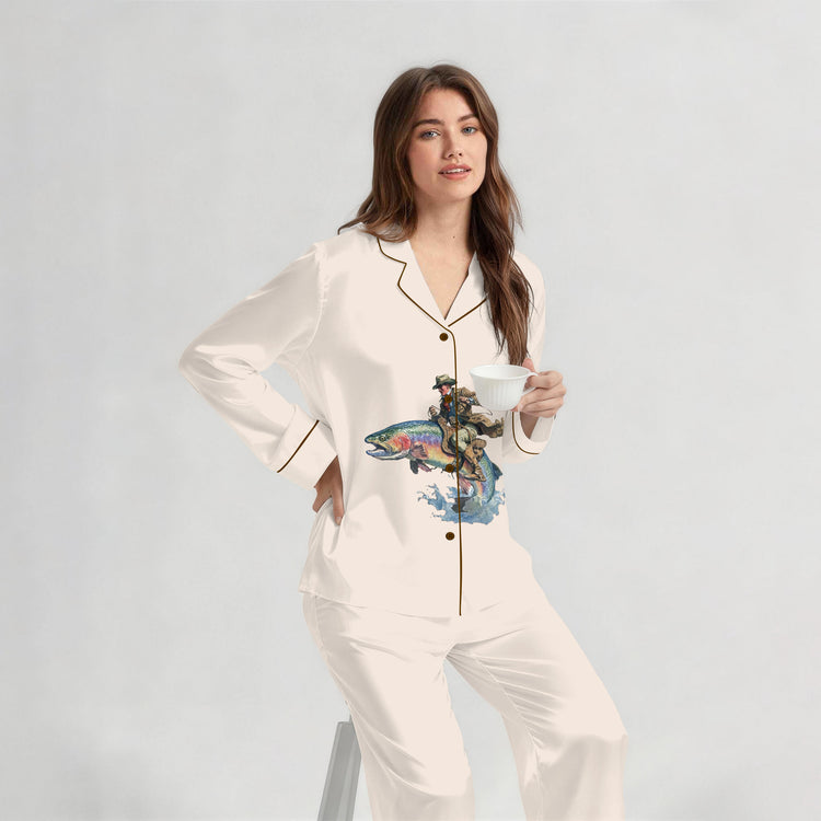 
                    
                      Women's Cowboy Trout Fishing Long Sleeve Silky Satin Pajama Set back view
                    
                  