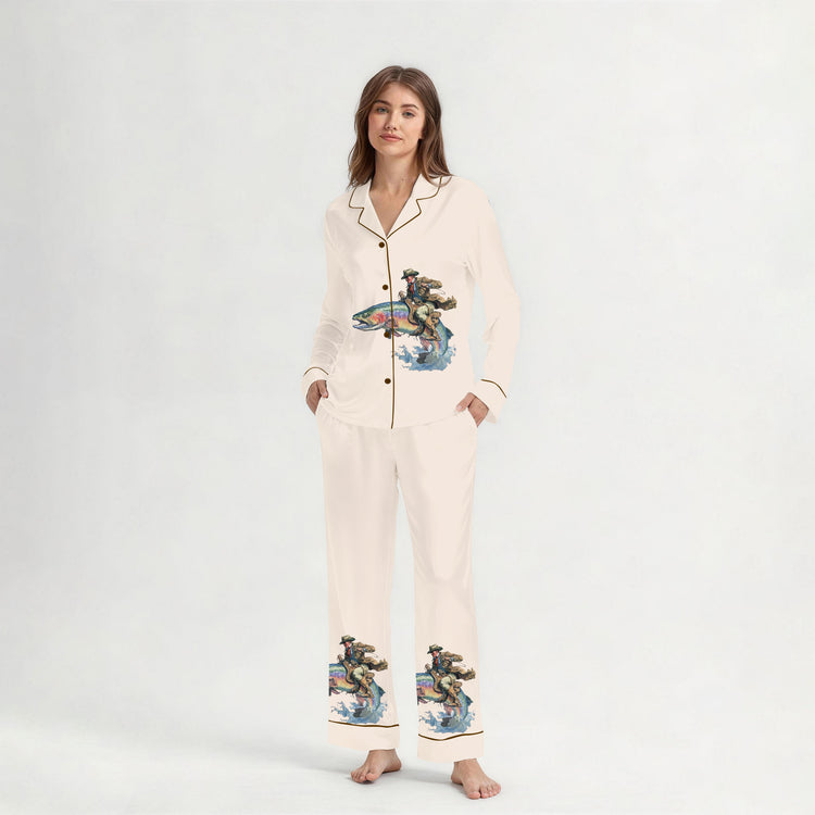 Women's Cowboy Trout Fishing Long Sleeve Silky Satin Pajama Set front view