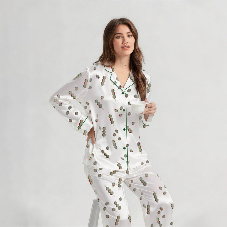 
                    
                      Women's Olive Skewer Print Long Sleeve Silky Satin Pajama Set back view
                    
                  