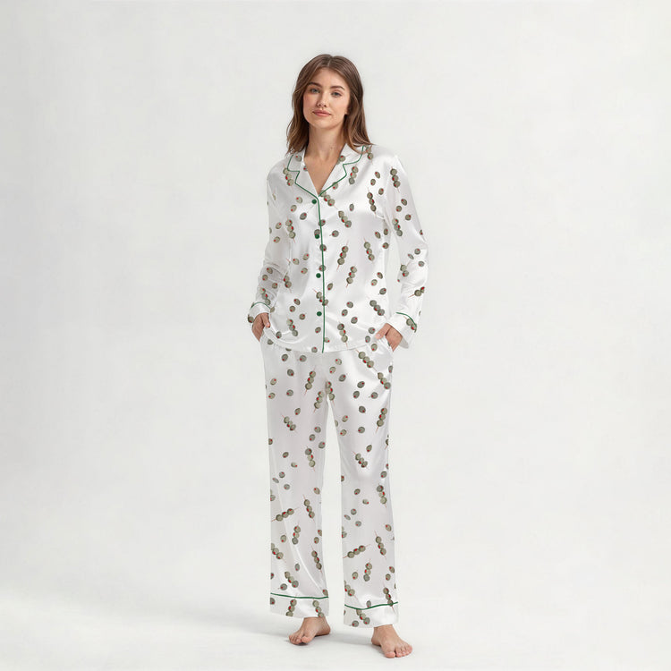 Women's Olive Skewer Print Long Sleeve Silky Satin Pajama Set front view