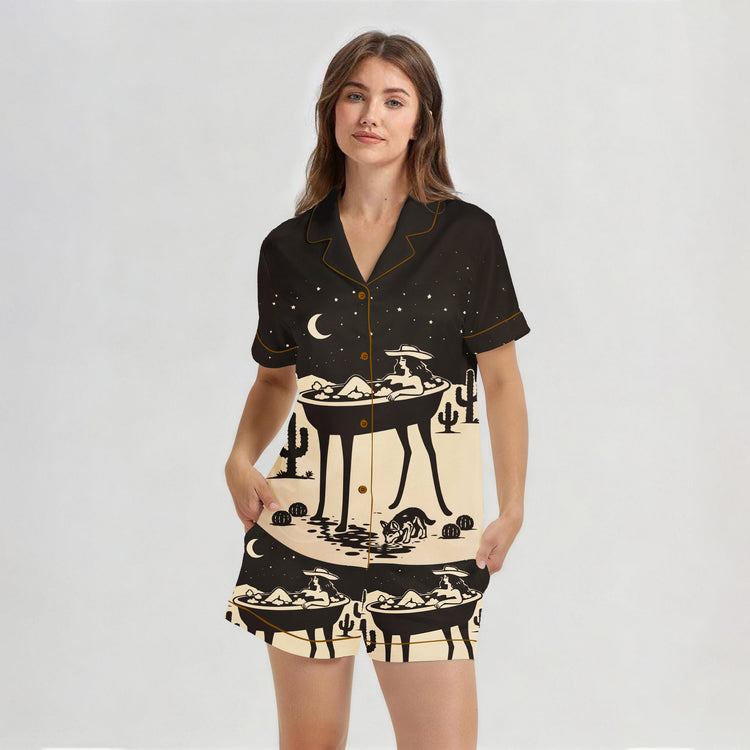 Women's Desert Bathtub Cowgirl Short Sleeve Silky Satin Pajama Set front view