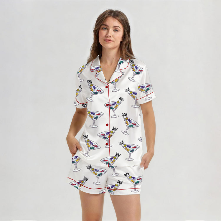 Women's Race Day Martini Cocktail Short Sleeve Silky Satin Pajama Set front view