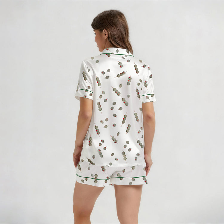 
                    
                      Women's Olive Skewer Print Short Sleeve Silky Satin Pajama Set back view
                    
                  