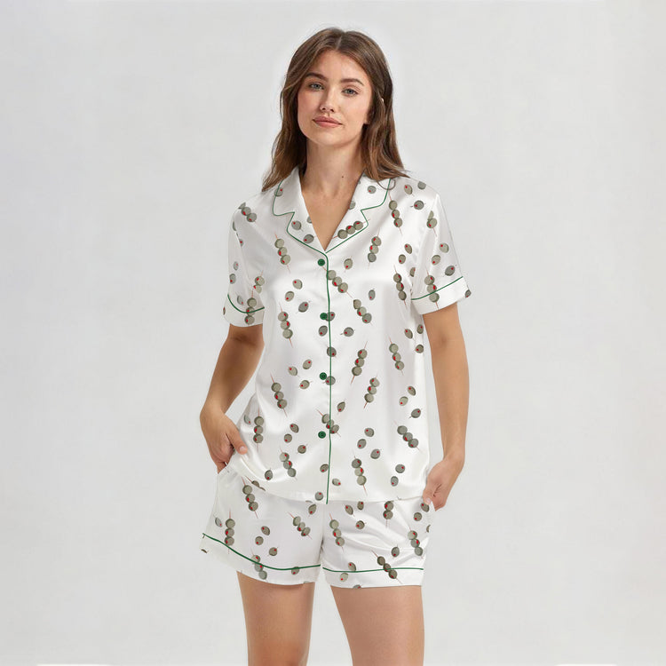 Women's Olive Skewer Print Short Sleeve Silky Satin Pajama Set front view