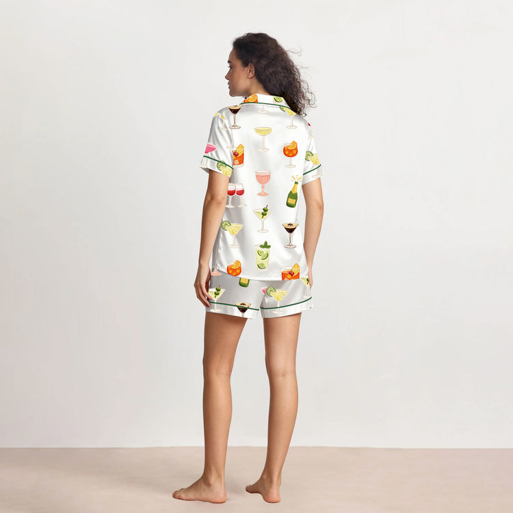 
                    
                      Women's Cocktail Glass Print Short Sleeve Silky Satin Pajama Set back view
                    
                  