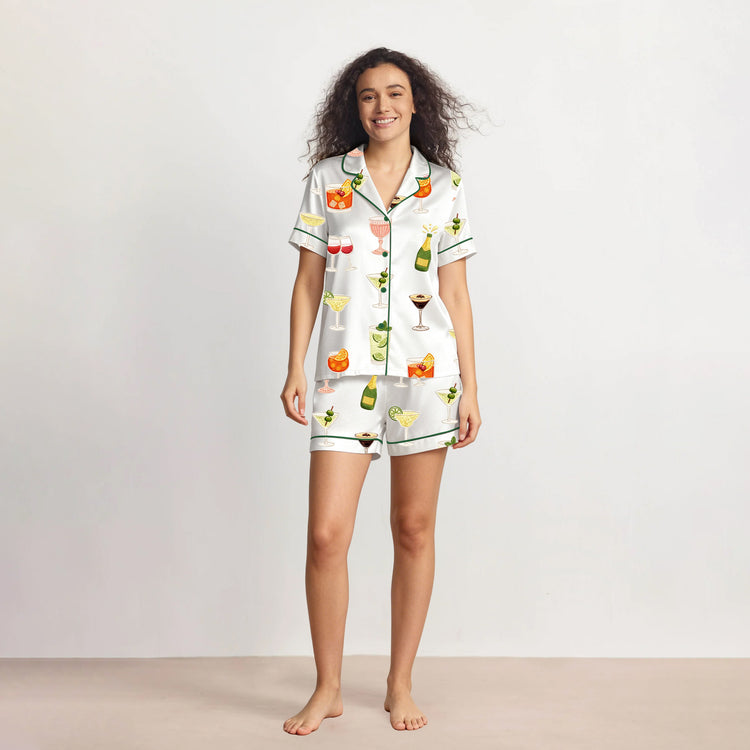 Women's Cocktail Glass Print Short Sleeve Silky Satin Pajama Set front view