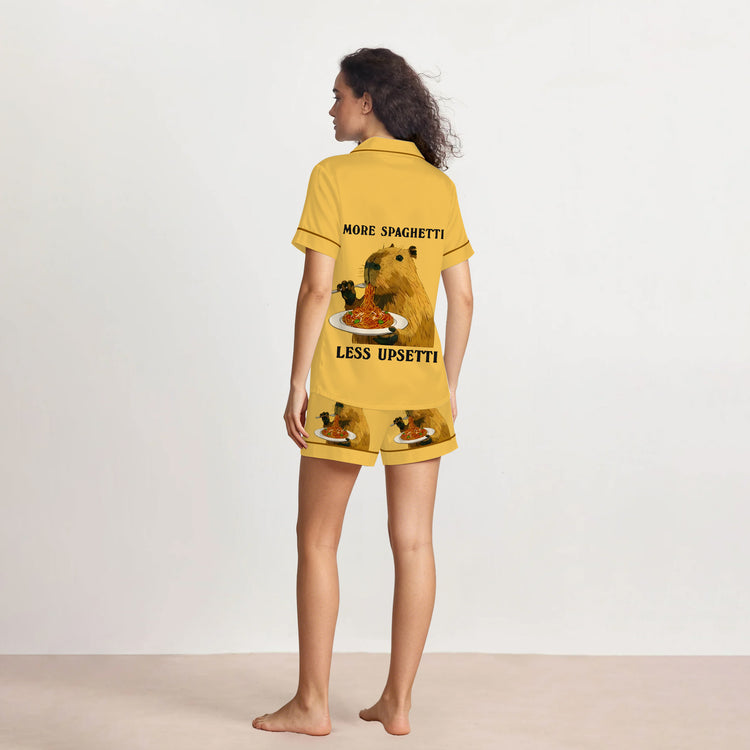 
                    
                      Women's More Spaghetti Less Upsetti Capybara Short Sleeve Silky Satin Pajama Set back view
                    
                  