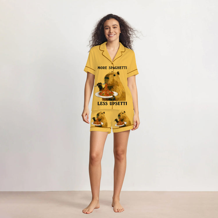 Women's More Spaghetti Less Upsetti Capybara Short Sleeve Silky Satin Pajama Set front view
