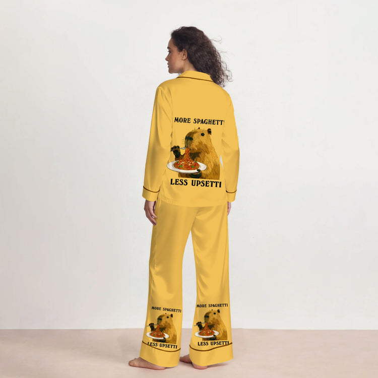 
                    
                      Women's More Spaghetti Less Upsetti Capybara Long Sleeve Silky Satin Pajama Set back view
                    
                  