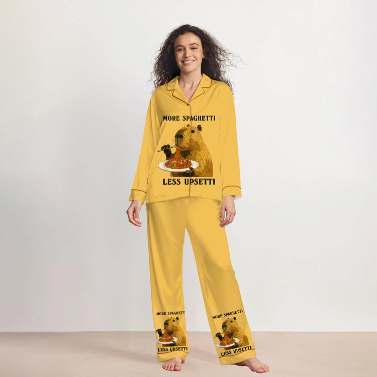 Women's More Spaghetti Less Upsetti Capybara Long Sleeve Silky Satin Pajama Set front view
