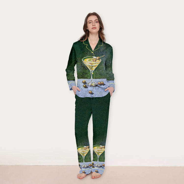 
                    
                      Women's Olive Martini Painting Long Sleeve Silky Satin Pajama Set back view
                    
                  