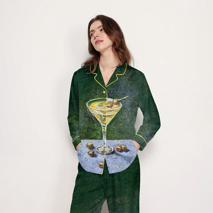 Women's Olive Martini Painting Long Sleeve Silky Satin Pajama Set front view