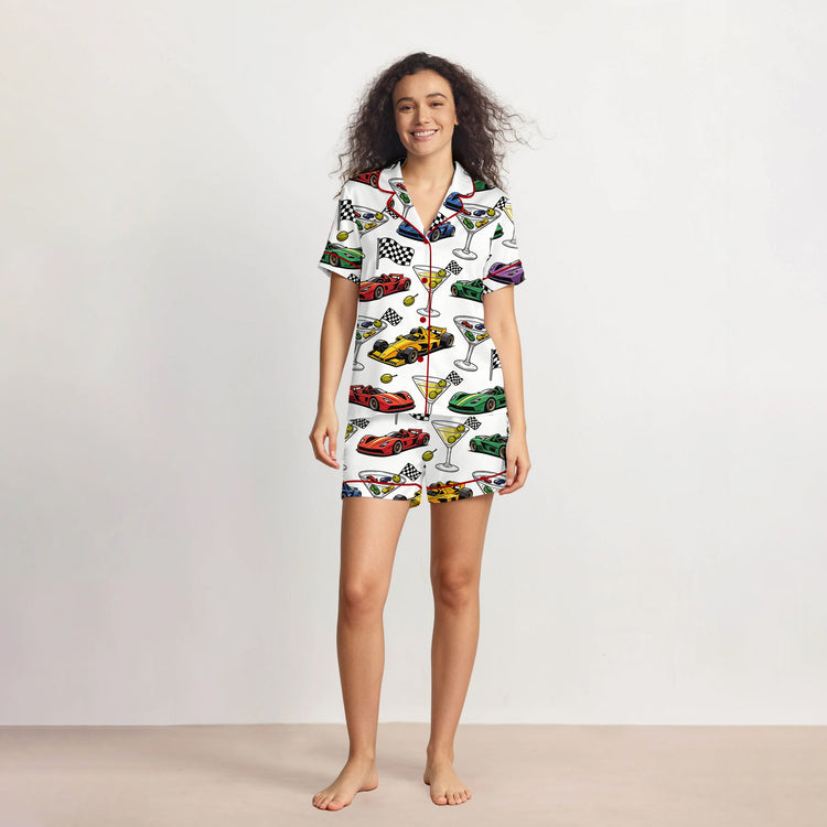 Women's Race Car Martini Cocktail Short Sleeve Silky Satin Pajama Set front view