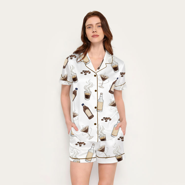 
                    
                      Women's Espresso Martini Coffee Cocktail Short Sleeve Silky Satin Pajama Set back view
                    
                  
