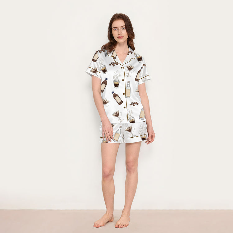 Women's Espresso Martini Coffee Cocktail Short Sleeve Silky Satin Pajama Set front view