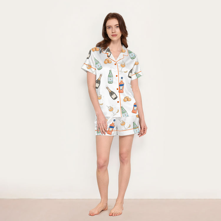 
                    
                      Women's Aperol Spritz Orange Cocktail Short Sleeve Silky Satin Pajama Set back view
                    
                  