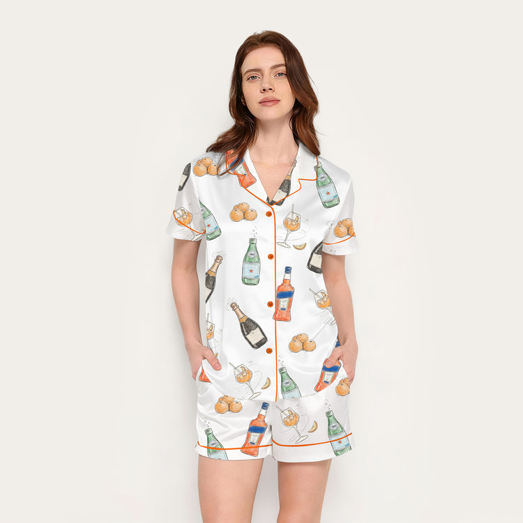 Women's Aperol Spritz Orange Cocktail Short Sleeve Silky Satin Pajama Set front view