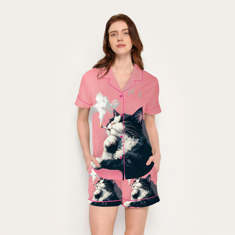
                    
                      Women's Smoking Tuxedo Cat Pink Short Sleeve Silky Satin Pajama Set back view
                    
                  