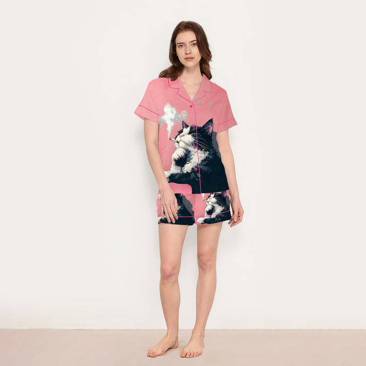 Women's Smoking Tuxedo Cat Pink Short Sleeve Silky Satin Pajama Set front view