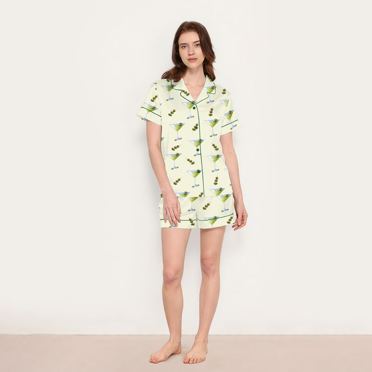 
                    
                      Women's Olive Martini Cocktail Short Sleeve Silky Satin Pajama Set back view
                    
                  