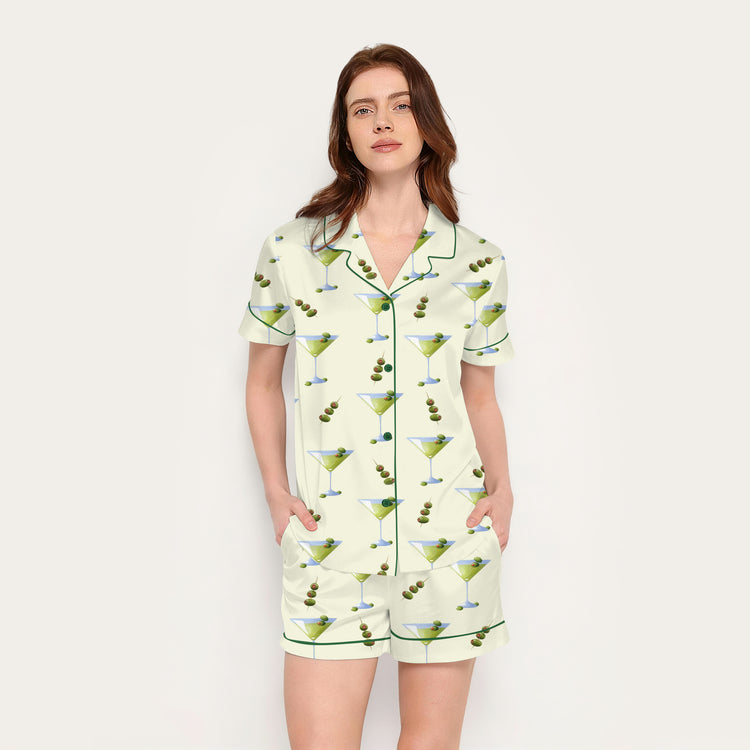 Women's Olive Martini Cocktail Short Sleeve Silky Satin Pajama Set front view