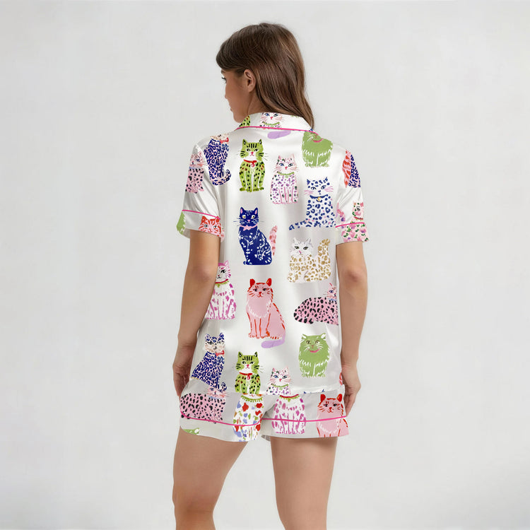 
                    
                      Women's Colorful Cat Portrait Print Short Sleeve Silky Satin Pajama Set back view
                    
                  