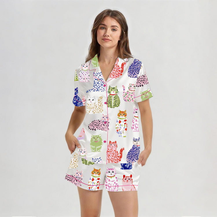 Women's Colorful Cat Portrait Print Short Sleeve Silky Satin Pajama Set front view
