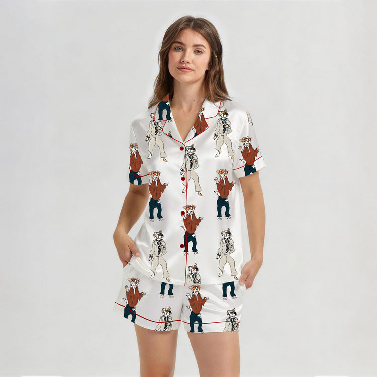 Women's Cowboy Dog Print Short Sleeve Silky Satin Pajama Set front view