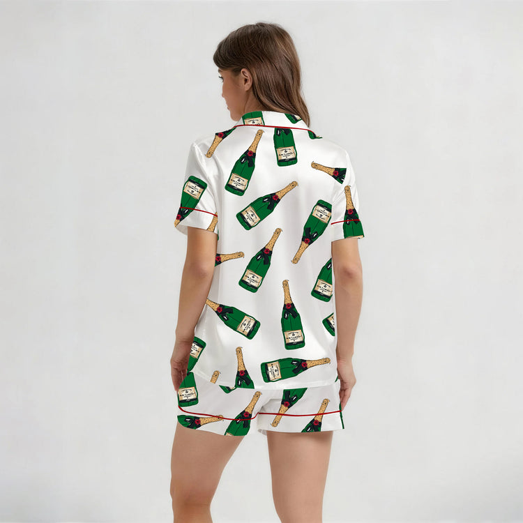 
                    
                      Women's Green Champagne Bottle Print Short Sleeve Silky Satin Pajama Set back view
                    
                  