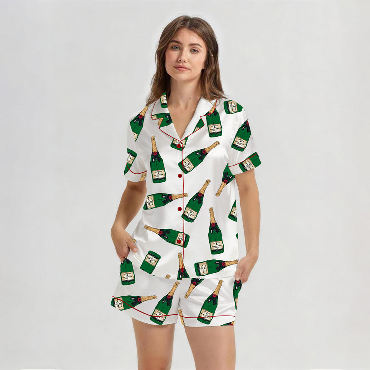 Women's Green Champagne Bottle Print Short Sleeve Silky Satin Pajama Set front view